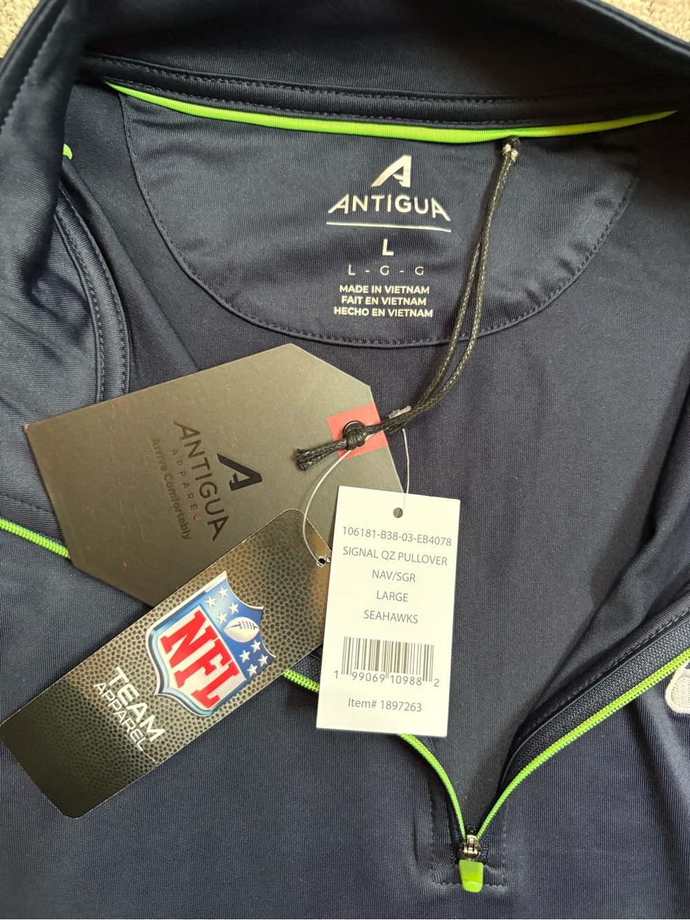 Antigua NFL Seattle Seahawks Navy Performance Quarter-Zip Lightweight Pullover - Picture 3 of 6
